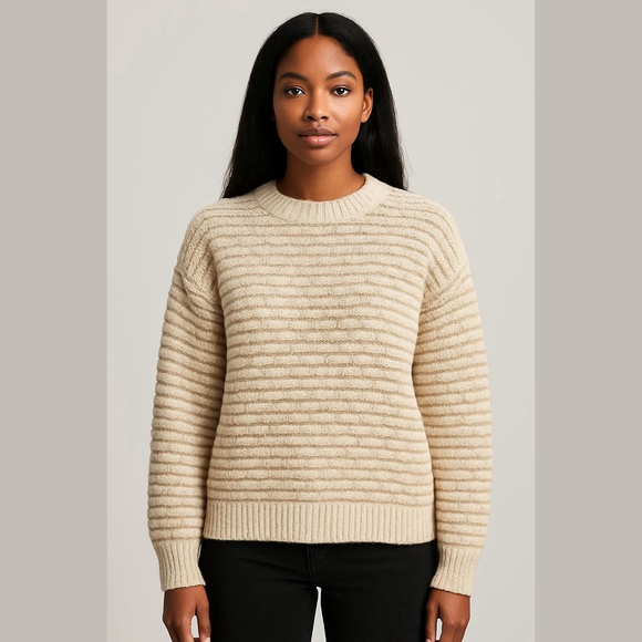 Fate Sweaters - Women's Fate Beige Gold Striped Crew Neck Sweater S